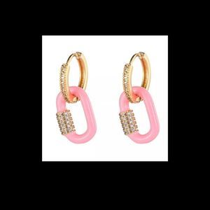 Gold titanium crystal and pink resin chain linked boho chic earrings new